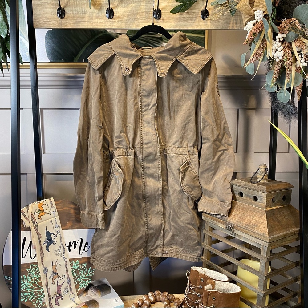 Y2K 80s Woman M Roots Military Parka Fishtail Olive Green Hooded Jacket Coat - Picture 13 of 14